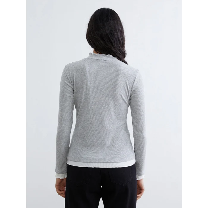 LCW Modest Gri Fırfırlı Dik Yaka Kadın Body