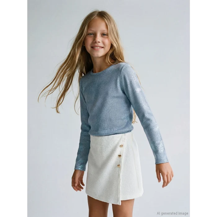 LCW Kids Mavi Bisiklet Yaka Parlak Görünümlü Kız Çocuk Tişört