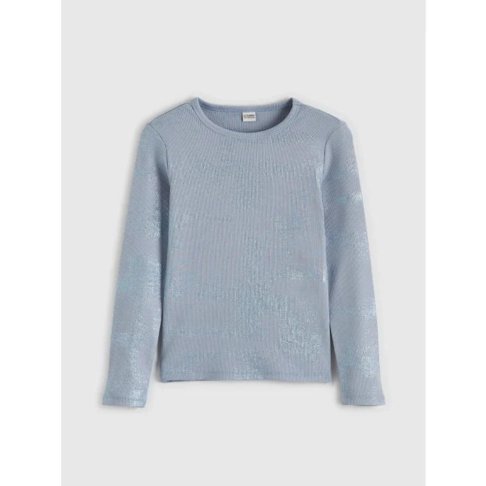 LCW Kids Mavi Bisiklet Yaka Parlak Görünümlü Kız Çocuk Tişört