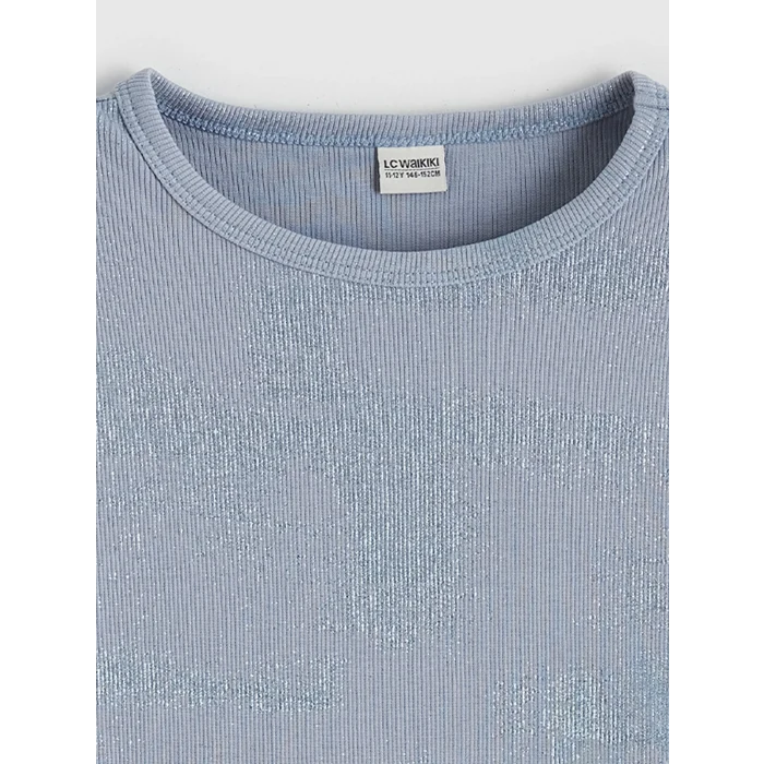 LCW Kids Mavi Bisiklet Yaka Parlak Görünümlü Kız Çocuk Tişört