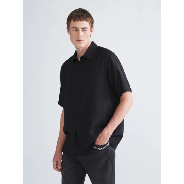 XSIDE Siyah Regular Fit Kısa Kollu Viskon Erkek Gömlek