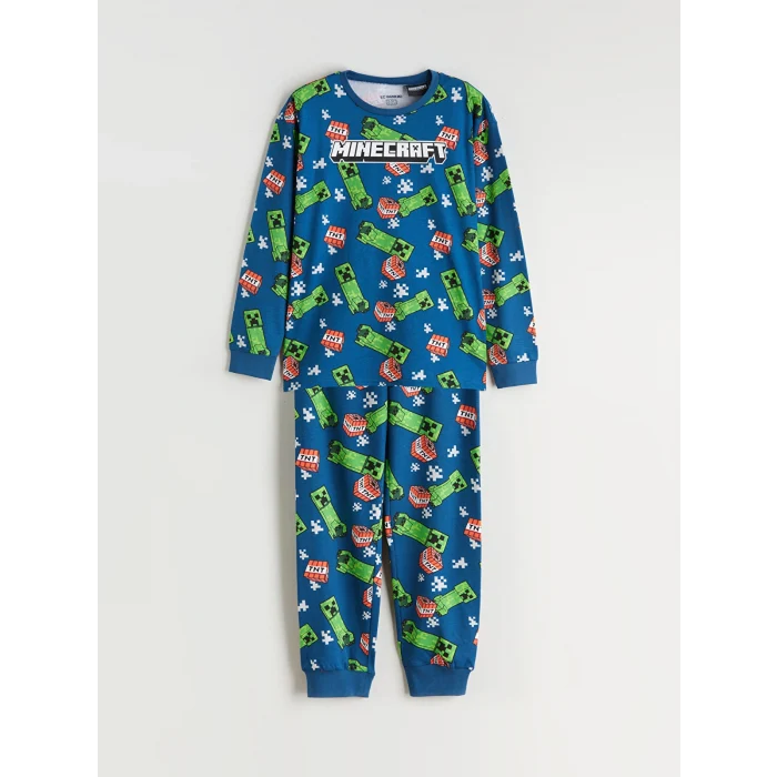 LCW Kids Petrol Bisiklet Yaka Minecraft Baskılı Erkek Çocuk Pijama Takımı