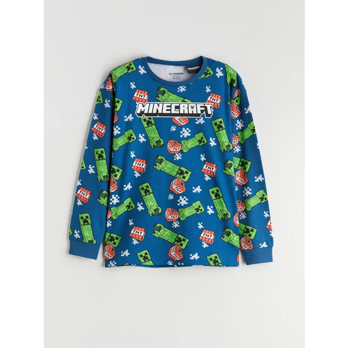 LCW Kids Petrol Bisiklet Yaka Minecraft Baskılı Erkek Çocuk Pijama Takımı