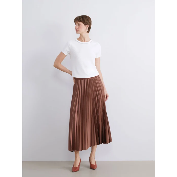 LCWAIKIKI Classic Kahverengi Beli Lastikli Saten Pileli Etek