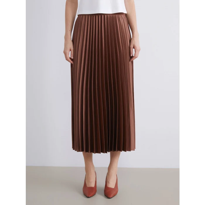 LCWAIKIKI Classic Kahverengi Beli Lastikli Saten Pileli Etek