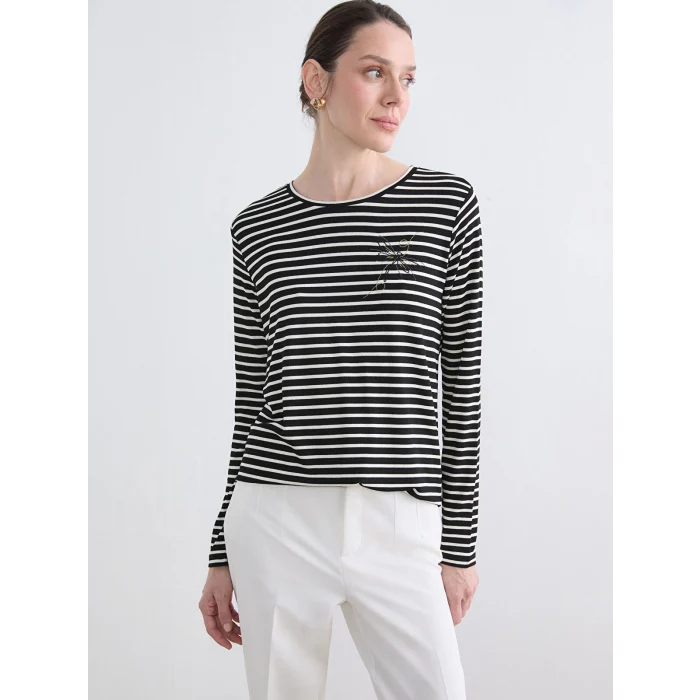 LCW Grace Siyah Bisiklet Yaka Çizgili Kadın Tişört