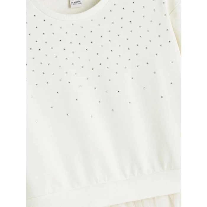 LCW Kids Ekru Bisiklet Yaka Taşlı Kız Çocuk Tütü Elbise
