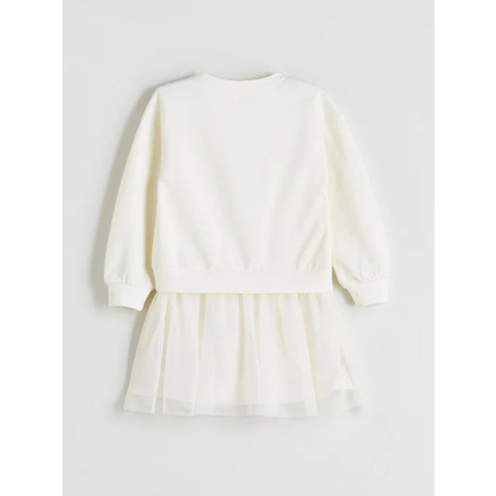 LCW Kids Ekru Bisiklet Yaka Taşlı Kız Çocuk Tütü Elbise