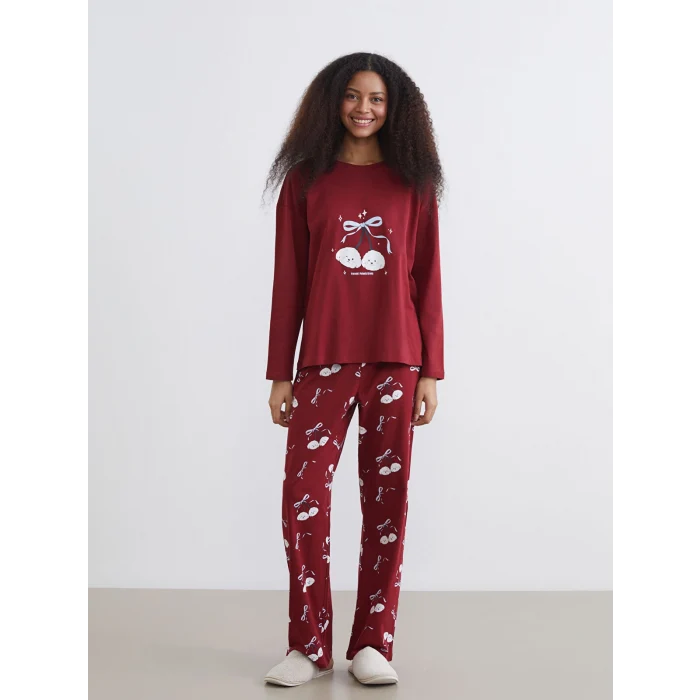 LCW Young Bordo Bisiklet Yaka Baskılı Kadın Pijama Takımı