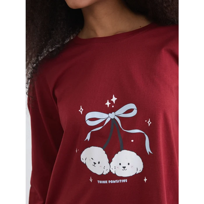 LCW Young Bordo Bisiklet Yaka Baskılı Kadın Pijama Takımı