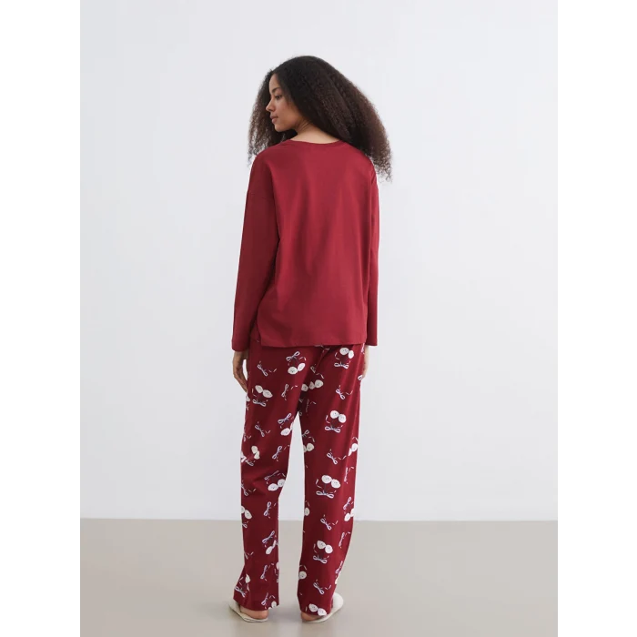 LCW Young Bordo Bisiklet Yaka Baskılı Kadın Pijama Takımı