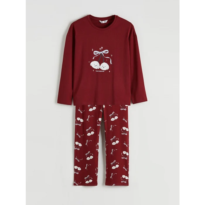 LCW Young Bordo Bisiklet Yaka Baskılı Kadın Pijama Takımı