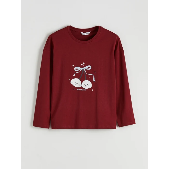 LCW Young Bordo Bisiklet Yaka Baskılı Kadın Pijama Takımı