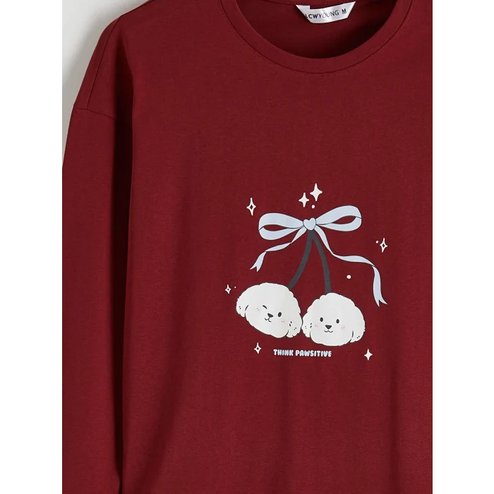 LCW Young Bordo Bisiklet Yaka Baskılı Kadın Pijama Takımı