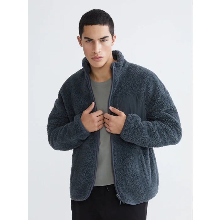 XSIDE ACTIVE Gri Dik Yaka Pelüş Erkek Fermuarlı Sweatshirt