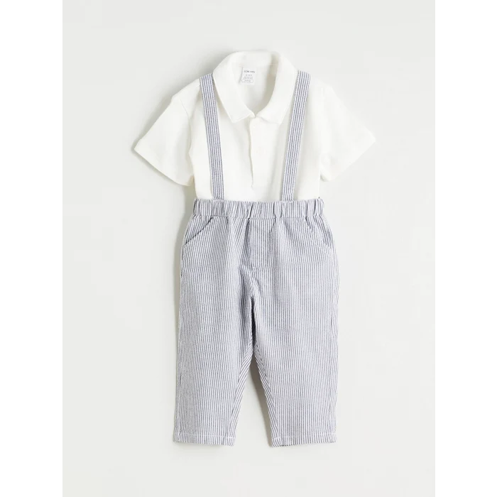 LCW baby Ekru Polo Yaka Erkek Bebek Tişört Ve Askılı Pantolon 2li