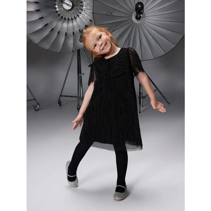 LCW Kids Siyah Bisiklet Yaka Kurdele Detaylı Kız Çocuk Elbise