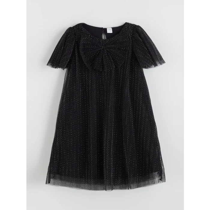 LCW Kids Siyah Bisiklet Yaka Kurdele Detaylı Kız Çocuk Elbise