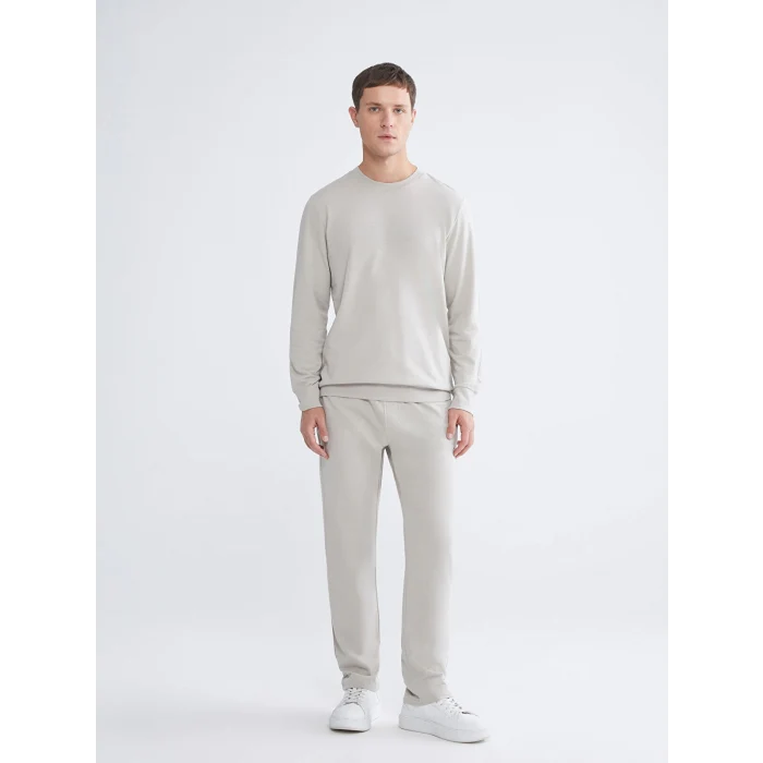 LCWAIKIKI Classic Bej Bisiklet Yaka Baskılı Erkek Sweatshirt