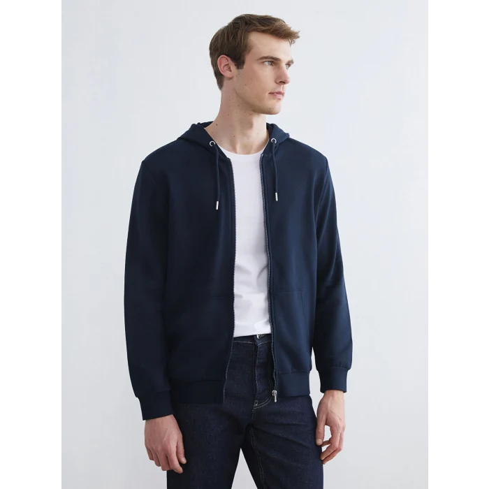 LCWAIKIKI Classic Lacivert Kapüşonlu Uzun Kollu Erkek Fermuarlı Sweatshirt