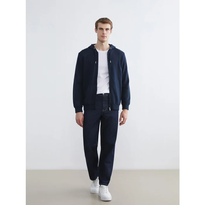 LCWAIKIKI Classic Lacivert Kapüşonlu Uzun Kollu Erkek Fermuarlı Sweatshirt