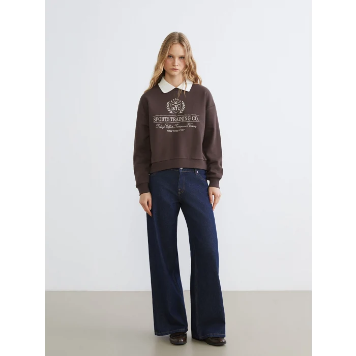 XSIDE Kahverengi New York Nakışlı Kadın Kalın Sweatshirt