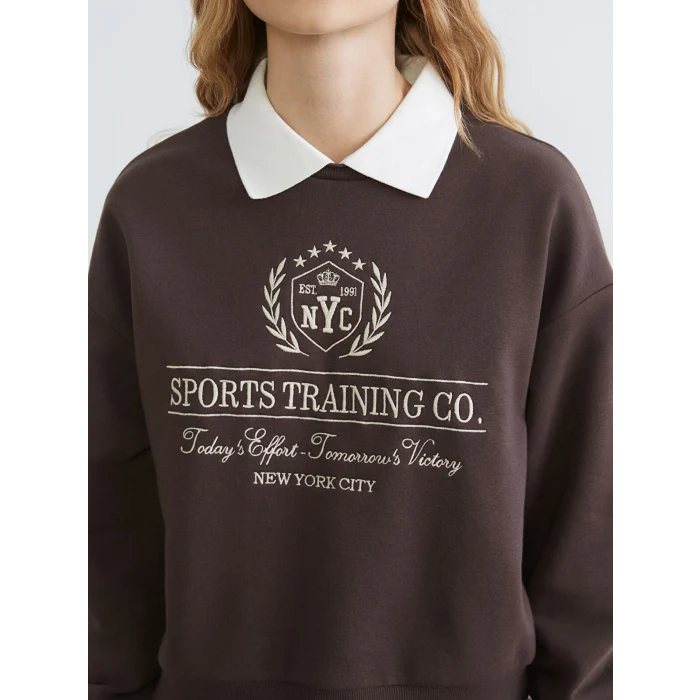 XSIDE Kahverengi New York Nakışlı Kadın Kalın Sweatshirt