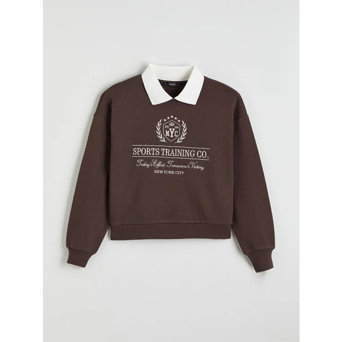 XSIDE Kahverengi New York Nakışlı Kadın Kalın Sweatshirt