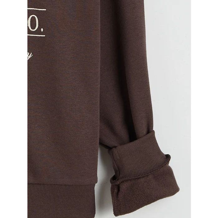 XSIDE Kahverengi New York Nakışlı Kadın Kalın Sweatshirt