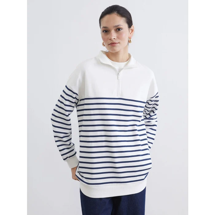 LCW Modest Lacivert Dik Yaka Çizgili Kadın Kalın Sweatshirt Tunik