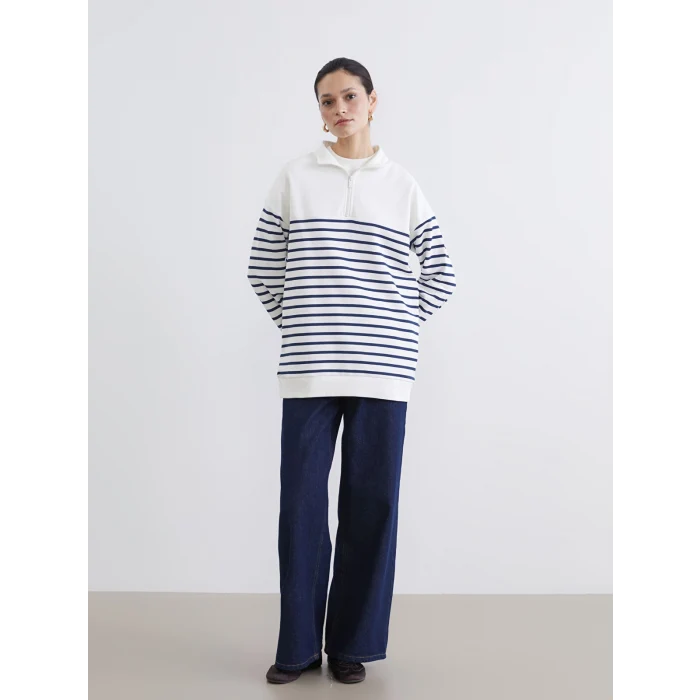 LCW Modest Lacivert Dik Yaka Çizgili Kadın Kalın Sweatshirt Tunik
