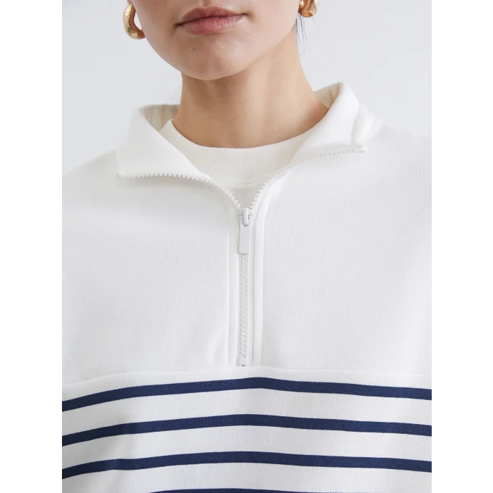 LCW Modest Lacivert Dik Yaka Çizgili Kadın Kalın Sweatshirt Tunik