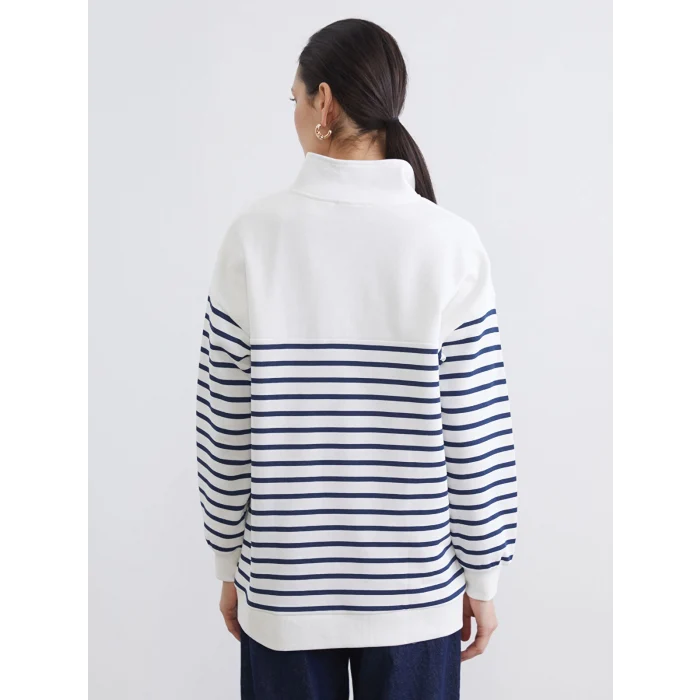 LCW Modest Lacivert Dik Yaka Çizgili Kadın Kalın Sweatshirt Tunik