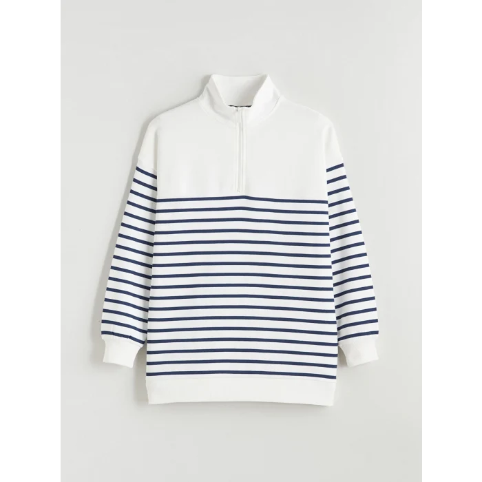 LCW Modest Lacivert Dik Yaka Çizgili Kadın Kalın Sweatshirt Tunik