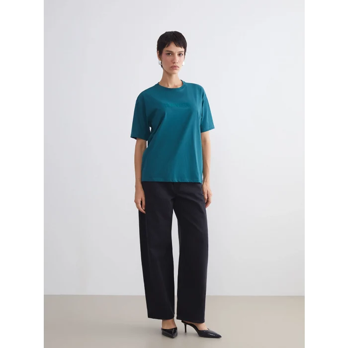 LCW Vision Petrol Bisiklet Yaka Baskılı Oversize Kadın Tişört