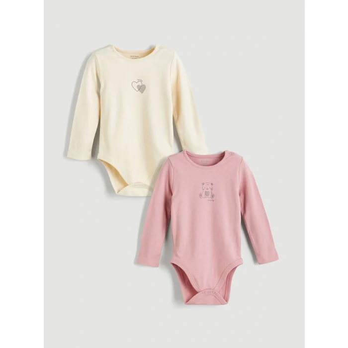 LCW baby Pembe Kalp ve Ayıcık Baskılı Kız Uzun Kollu Kız Bebek Çıtçıtlı Body 2li