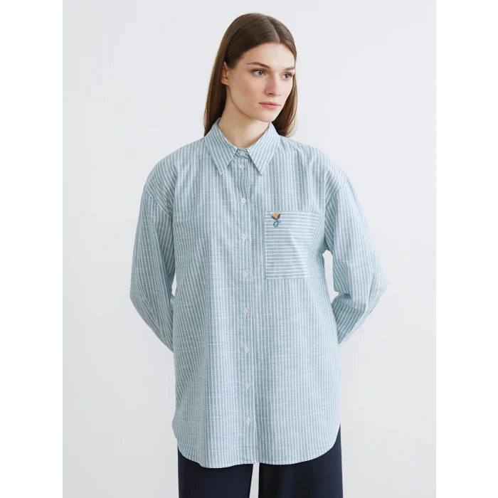 LCW Modest Yeşil Çizgili Oversize Poplin Kadın Gömlek Tunik