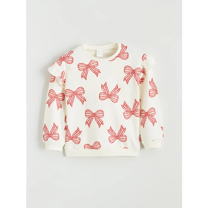 LCW baby Ekru Bisiklet Yaka Desenli Kız Bebek Sweatshirt