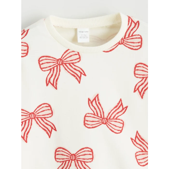 LCW baby Ekru Bisiklet Yaka Desenli Kız Bebek Sweatshirt