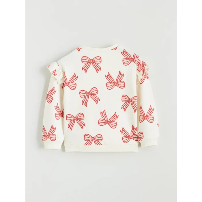 LCW baby Ekru Bisiklet Yaka Desenli Kız Bebek Sweatshirt