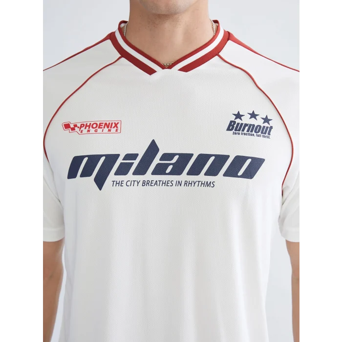 XSIDE Ekru V Yaka Kısa Kollu Baskılı Erkek Tişört