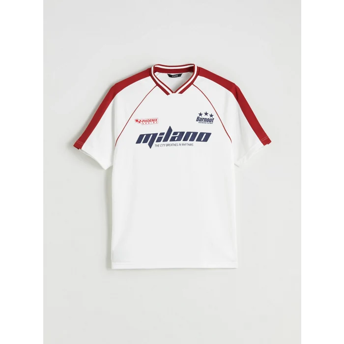 XSIDE Ekru V Yaka Kısa Kollu Baskılı Erkek Tişört