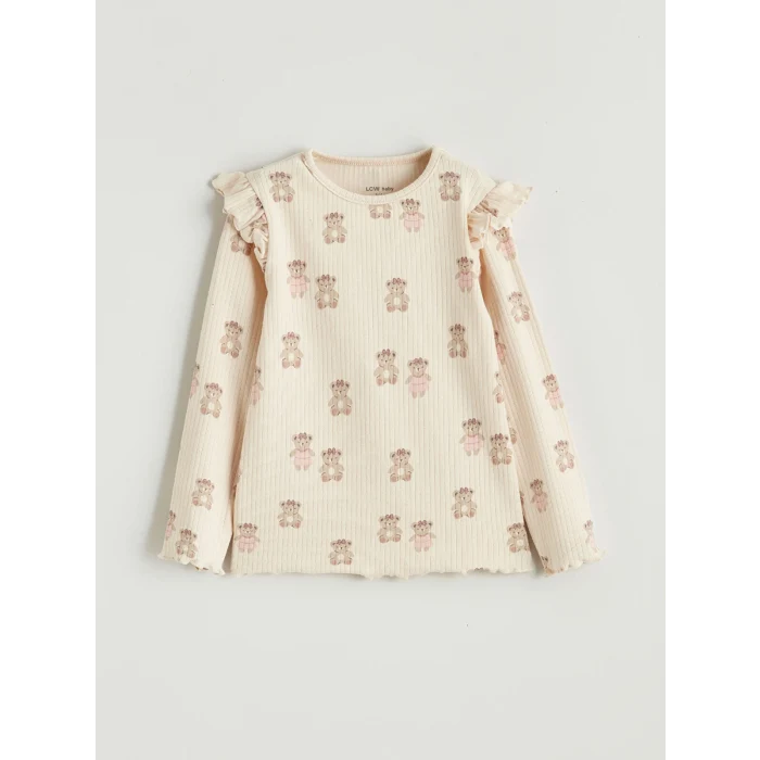 LCW baby Bej Bisiklet Yaka Ayıcık Desenli Kız Bebek Tişört