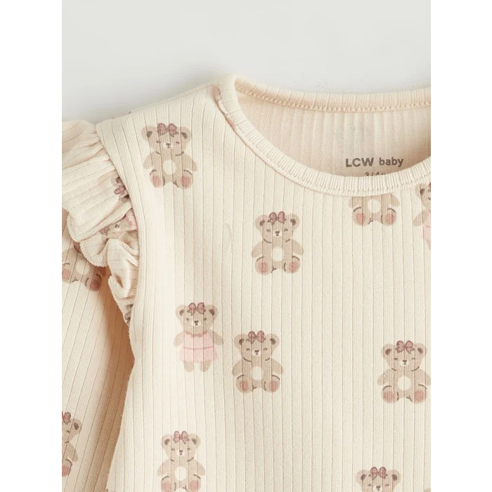 LCW baby Bej Bisiklet Yaka Ayıcık Desenli Kız Bebek Tişört