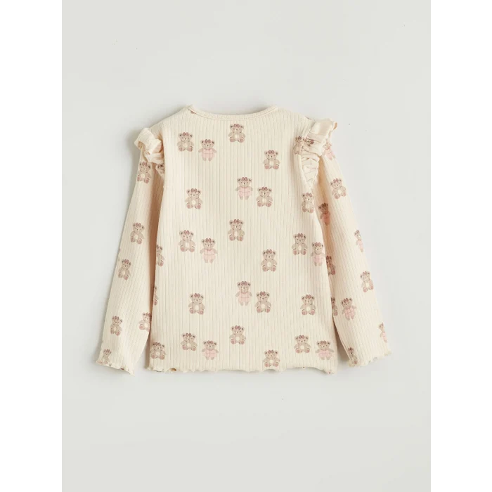 LCW baby Bej Bisiklet Yaka Ayıcık Desenli Kız Bebek Tişört