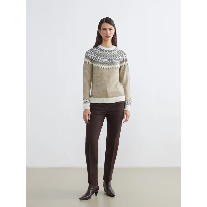 LCWAIKIKI Classic Bej Bisiklet Yaka Desenli Kadın Triko Kazak