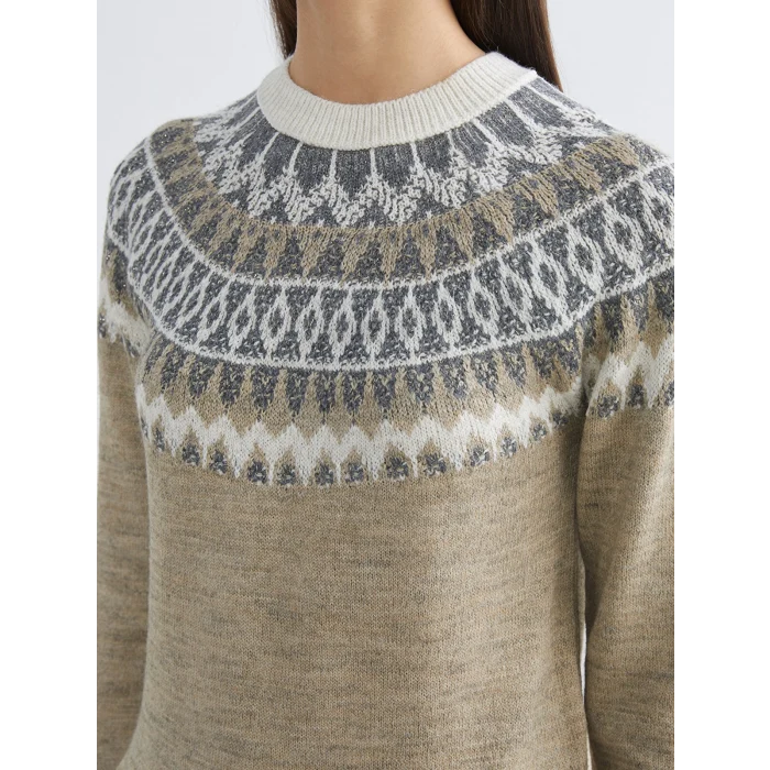 LCWAIKIKI Classic Bej Bisiklet Yaka Desenli Kadın Triko Kazak