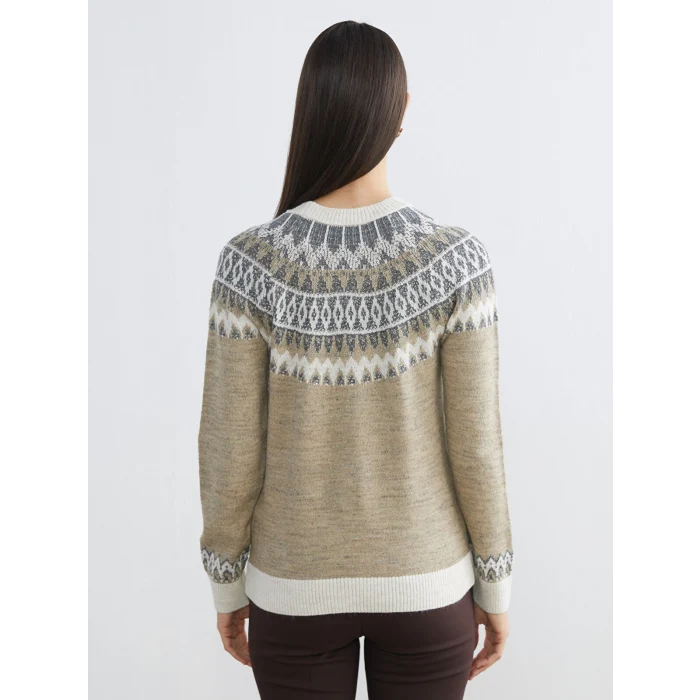 LCWAIKIKI Classic Bej Bisiklet Yaka Desenli Kadın Triko Kazak