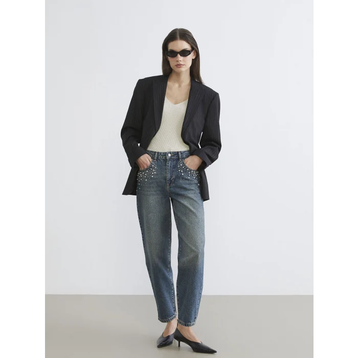 LCW Jeans İndigo Barrel Fit Taşlı Kadın Jean Pantolon