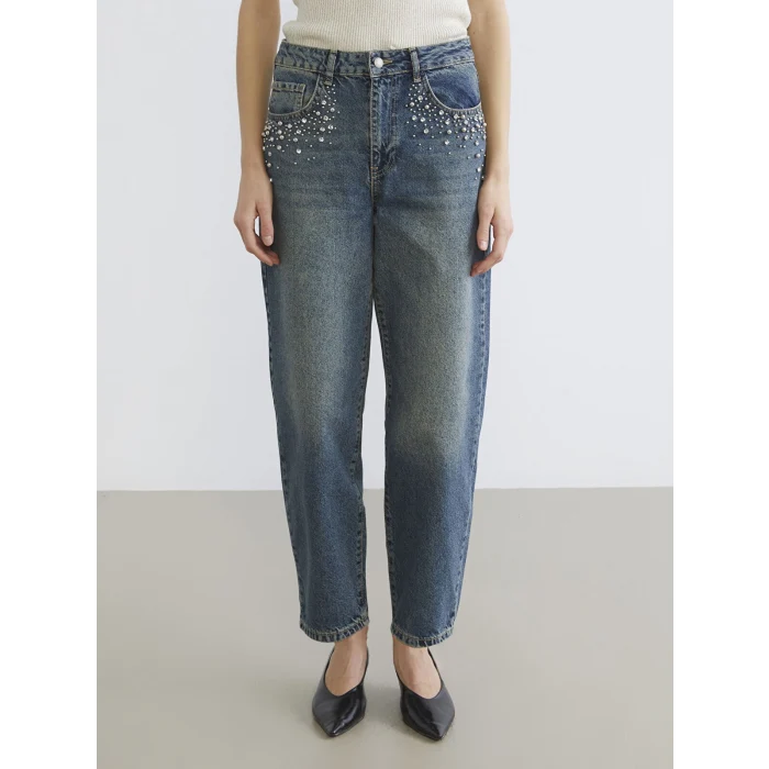 LCW Jeans İndigo Barrel Fit Taşlı Kadın Jean Pantolon